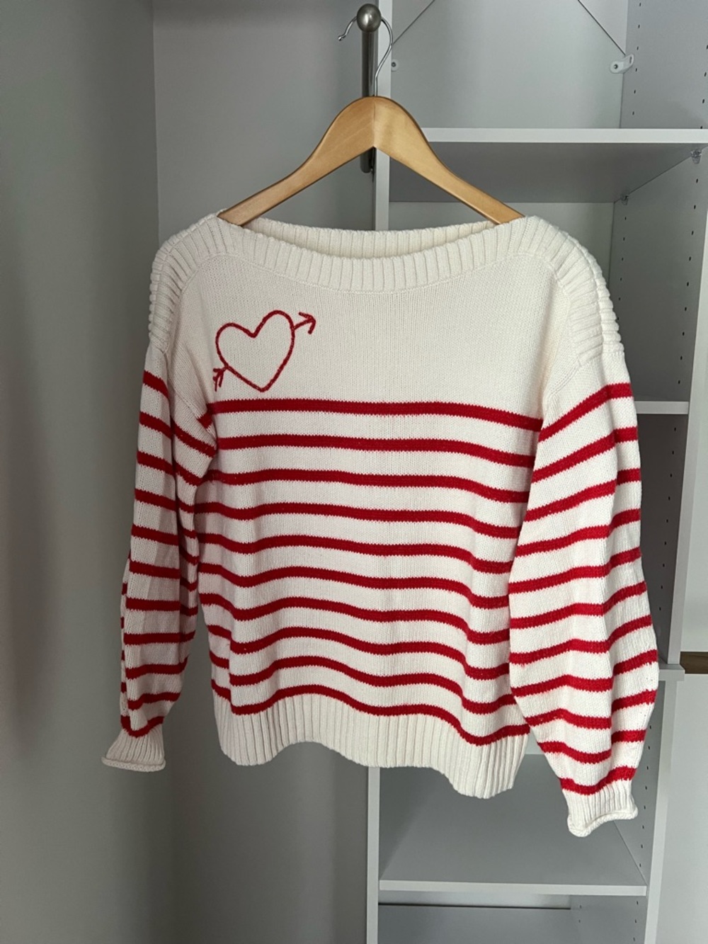 LOFT White and Red Striped Off-the-Shoulder Sweater with Heart Detail